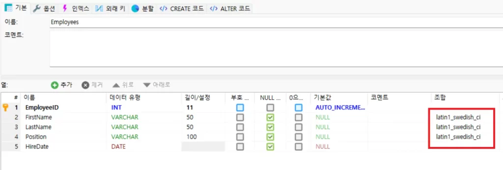 테이블 캐릭터셋