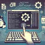 Linux terminal window with commands for switching to the root account